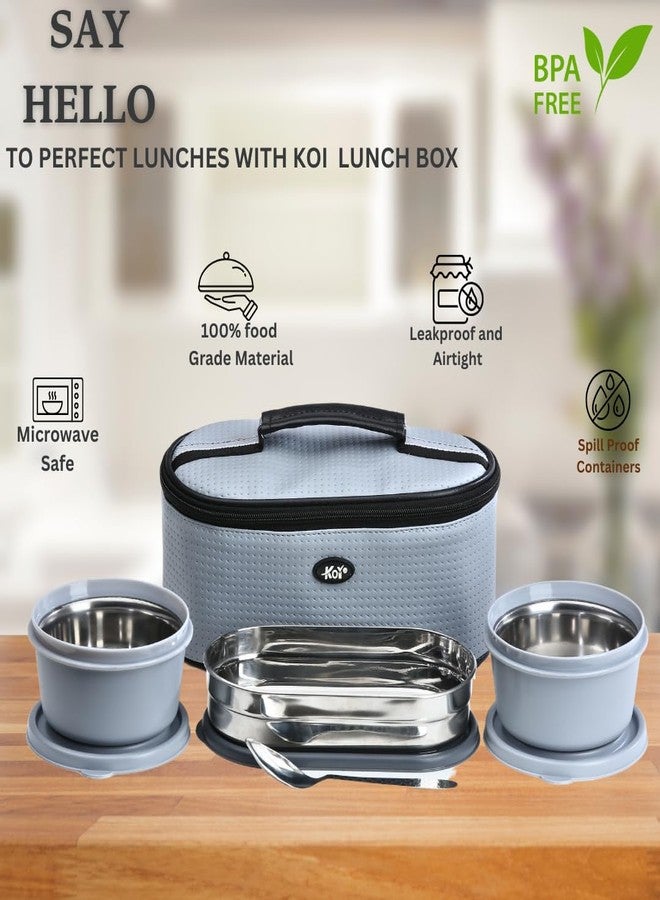 كوي طقم علب طعام KOI TiffinPro المصنوع من الفولاذ المقاوم للصدأ، محكم الإغلاق ومضاد للتسرب، يتضمن حقيبة معزولة، وعبوتين مانعتين للتسرب (سعة كل منهما 450 مل)، وعبوة بيضاوية واحدة (سعة كل منها 400 مل)، وملعقة من الفولاذ المقاوم للصدأ، اللون: رمادي - Image 2